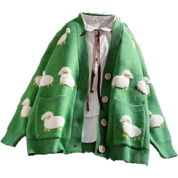 Ladies Knitted Sheep Sweater Coat Casual Cardigan Girls Preppy Cute - Picture 1 of 7